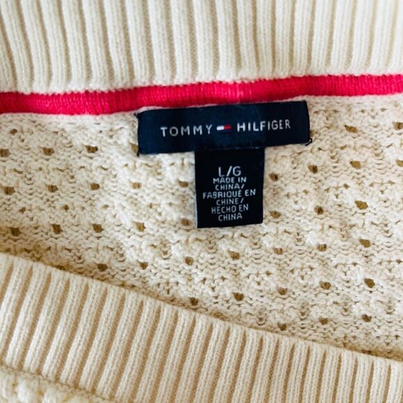 Tommy Hilfiger Ivory Open Knit Cotton 3/4 sleeve boat neck sweater size L. - Picture 7 of 7
